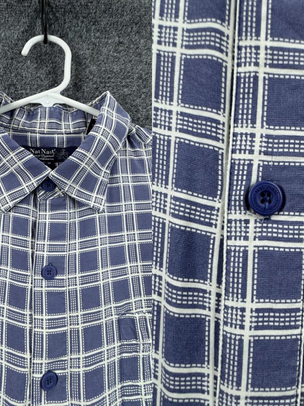 Nat Nast Luxury Check Short Sleeve Blue White Medium Bowling Shirt Silk Lyocell